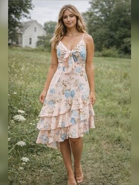 Floral Ruffle Tiered Midi Dress Asymetrical Coquette Bow Front cottagecore